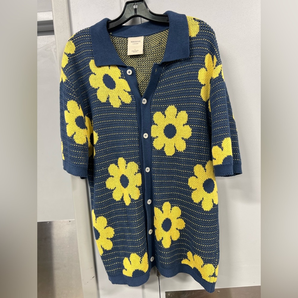 Navy Cardigan with Yellow Floral Design